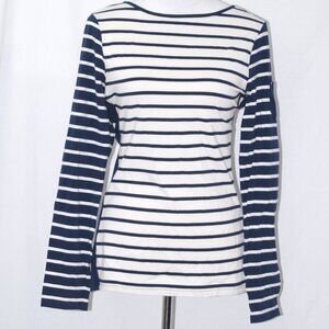 LNC 100% Cotton Chaps Womens Medium Shirt Long Sleeve Stripes Navy Blue White